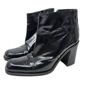 Vintage 90s Via Spiga 8.5 Black Leather Wingtip Square Toe Boot Zip Goth Minimal